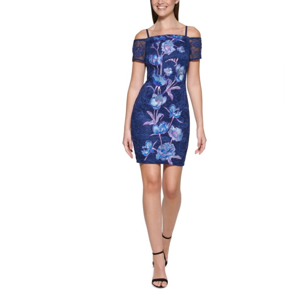 Guess Elegant Blue Floral Off-Shoulder Dress